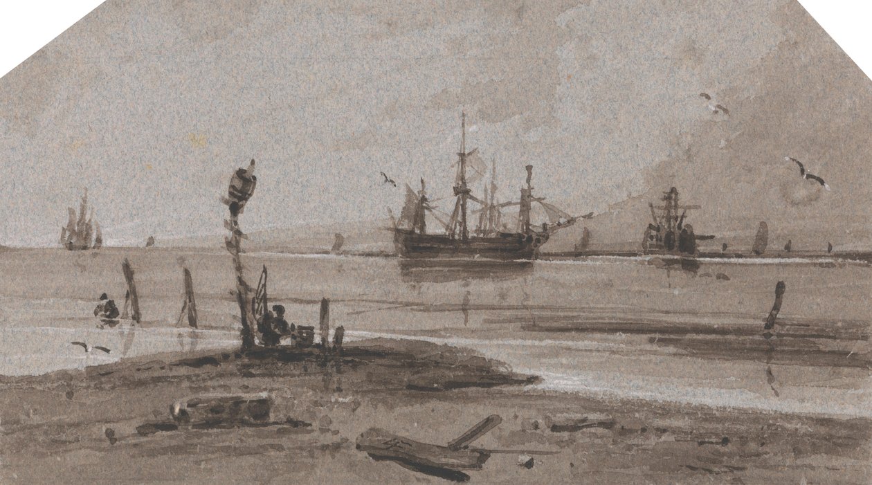 Barcos anclados en alta mar en un mar en calma de Francois Louis Thomas Francia