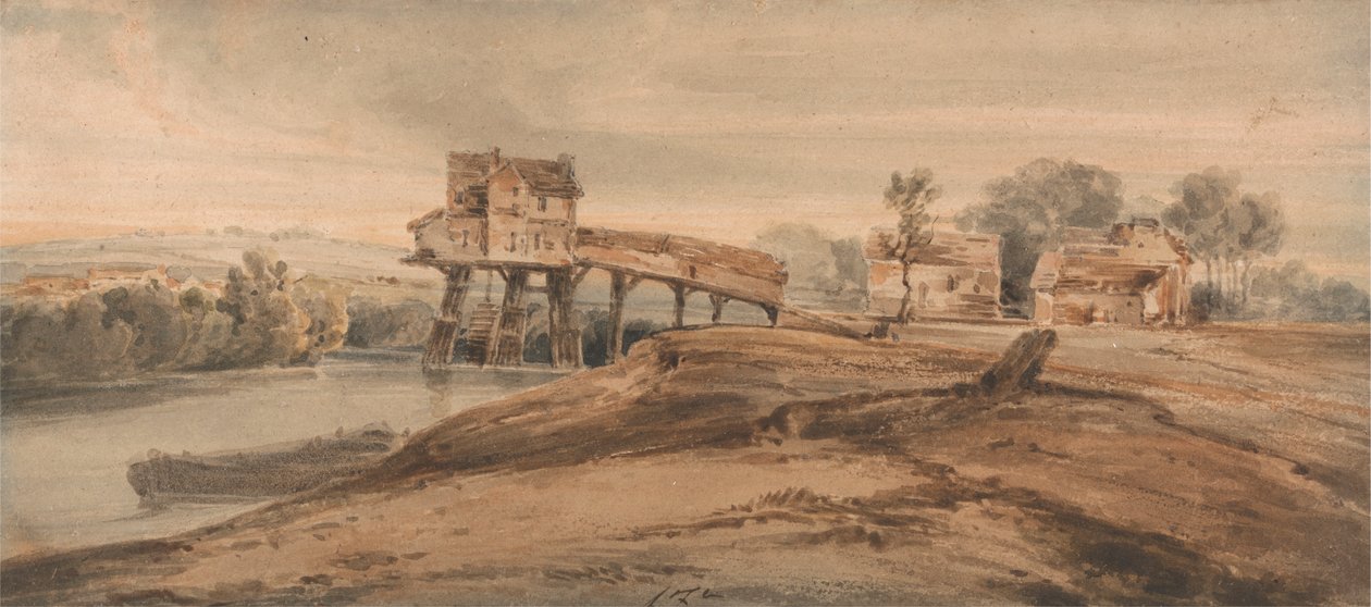 El molino de agua sobre el puente de Charenton de Francois Louis Thomas Francia