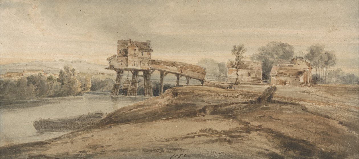El molino de agua sobre el puente en Charenton de Francois Louis Thomas Francia