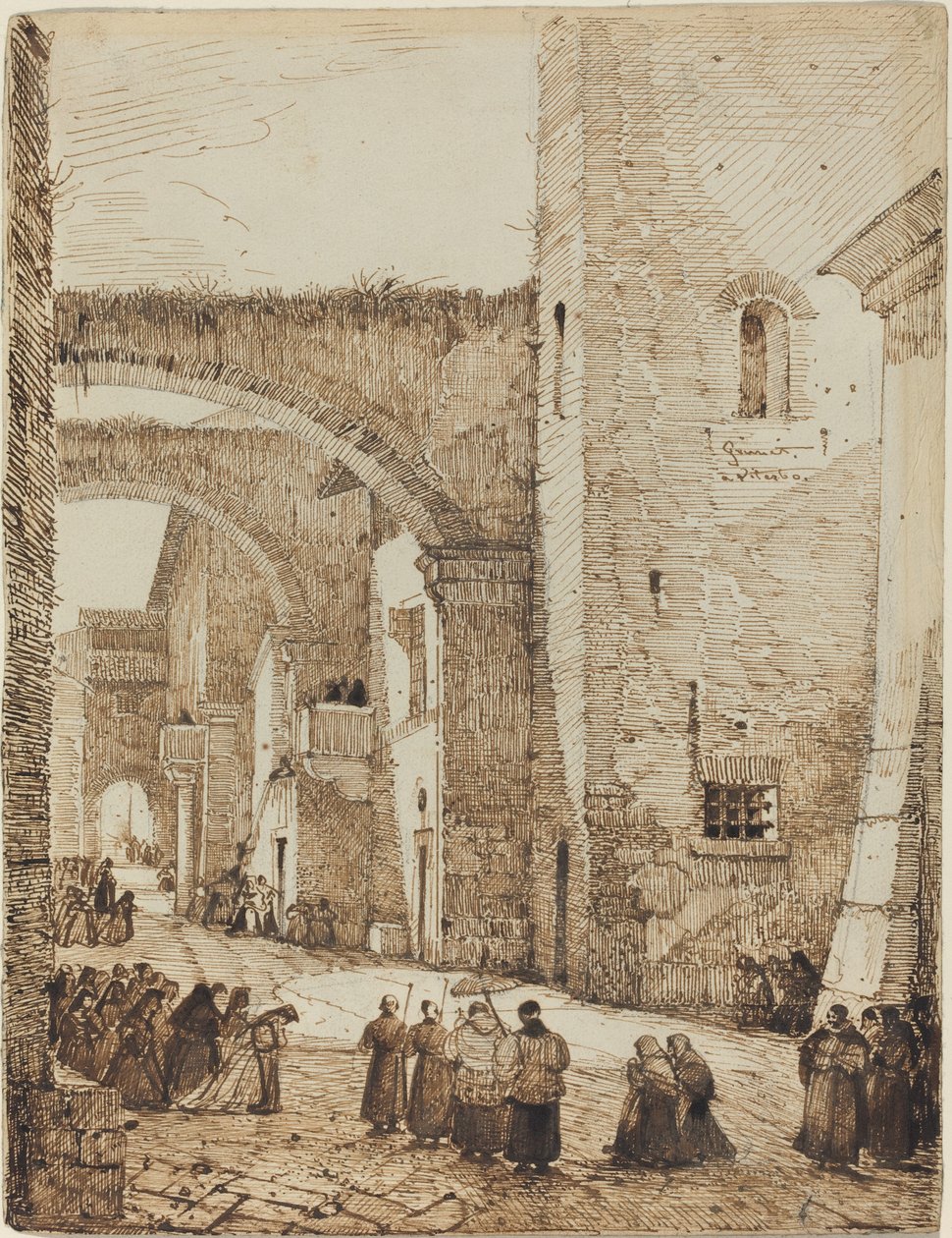 Un sacerdote procesionando por una calle medieval en Viterbo de Francois Marius Granet