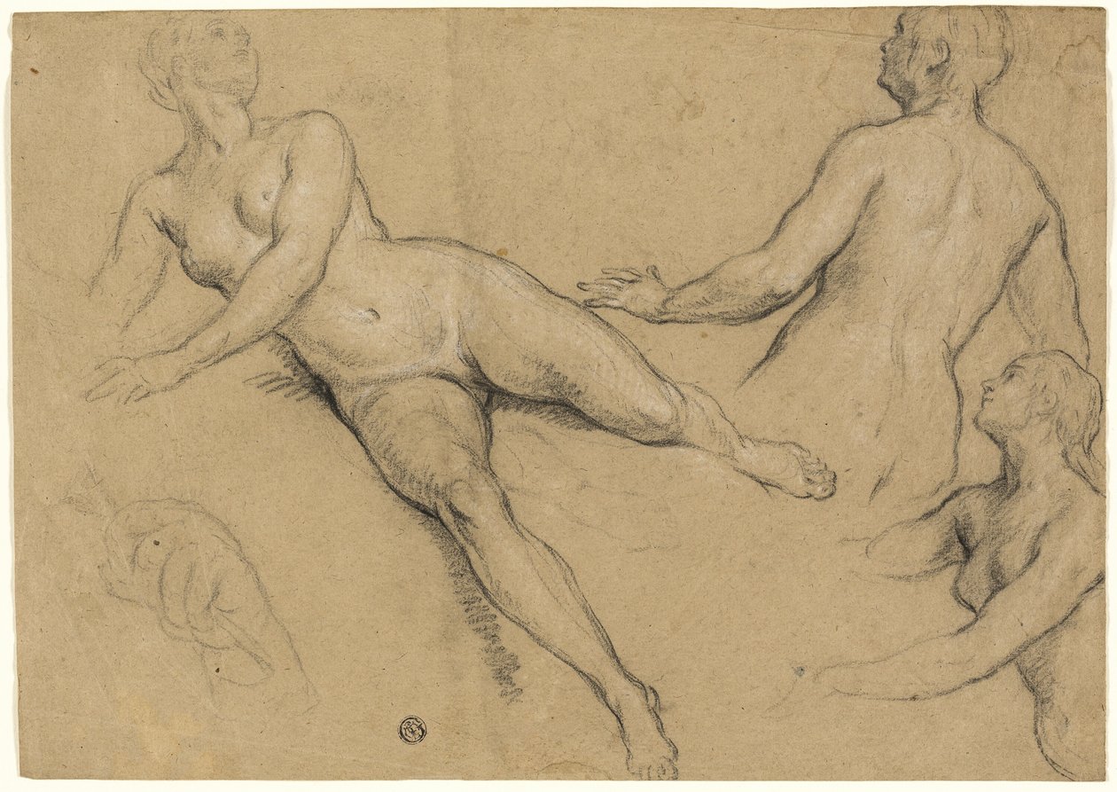 Hoja de estudios: Tres mujeres y una mano (anverso); Bocetos de desnudos masculinos, cabezas y mano (reverso) de Francois Marot