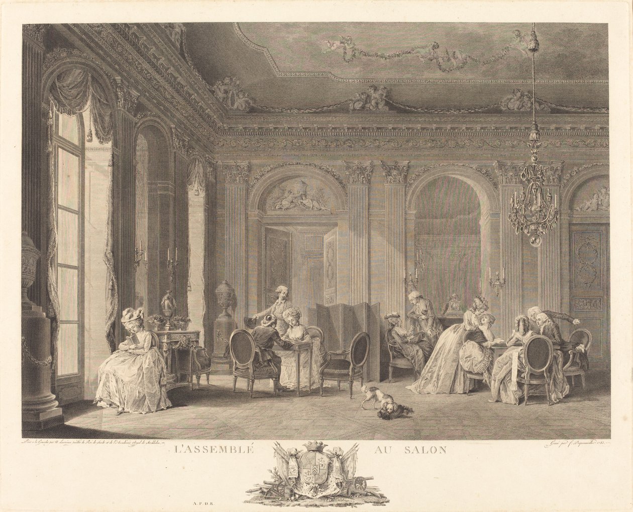 La asamblea en el salón de Francois Nicolas Barthelemy Dequevauviller after Nicolas Lavreince