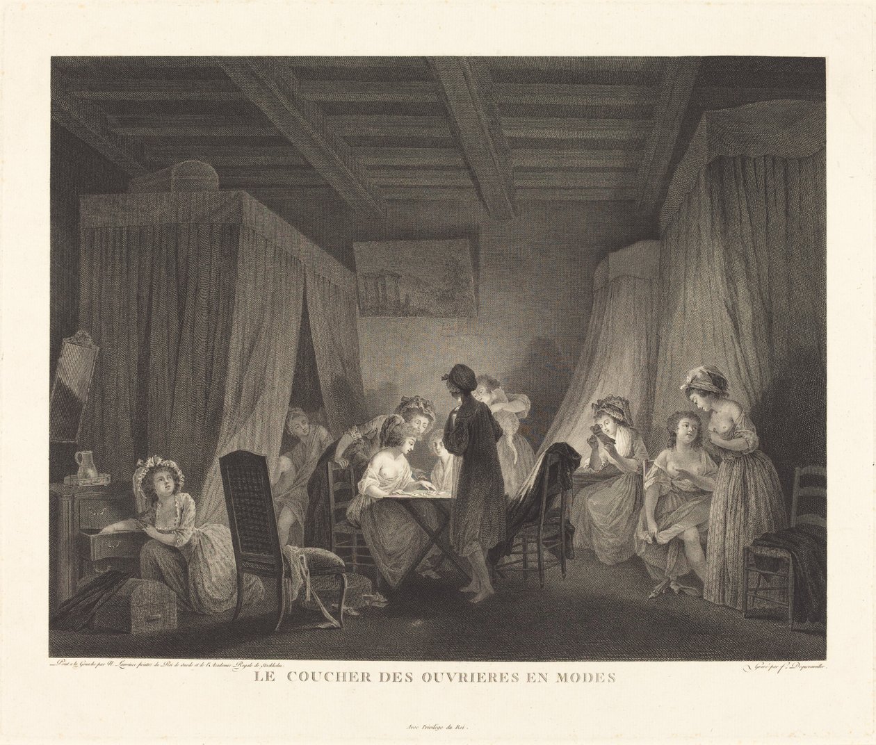 El Acostarse de las Obreras de Moda de Francois Nicolas Barthelemy Dequevauviller after Nicolas Lavreince