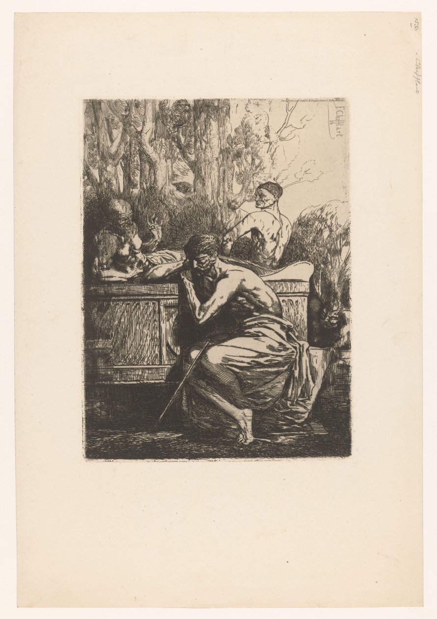 Actuación clásica con hombres alrededor de un sarcófago. Homme devant un tombeau antiguo Improvisaciones sur cuivre (título de la serie) de Francois Nicolas Chifflart