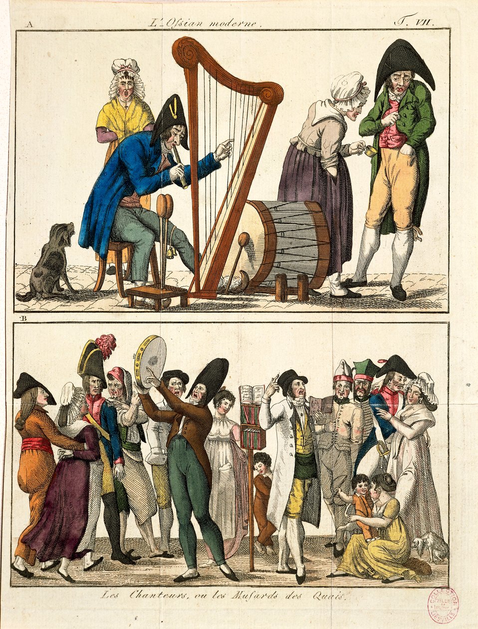 Caricatura de Ossian moderno y de cantantes callejeros de Francois Nicolas Martinet