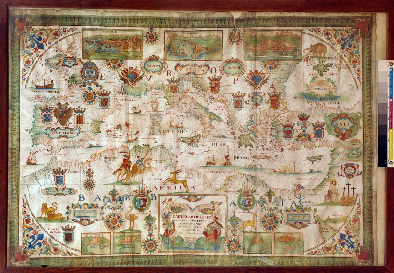 Mapa geográfico del mar Mediterráneo que muestra las costas de Europa (Francia, España, Italia y África (Túnez, Argelia, Egipto). El mar está poblado de monstruos y carabelas, mientras que en la tierra se ven todo tipo de animales y habitantes de la regi de Francois Ollive