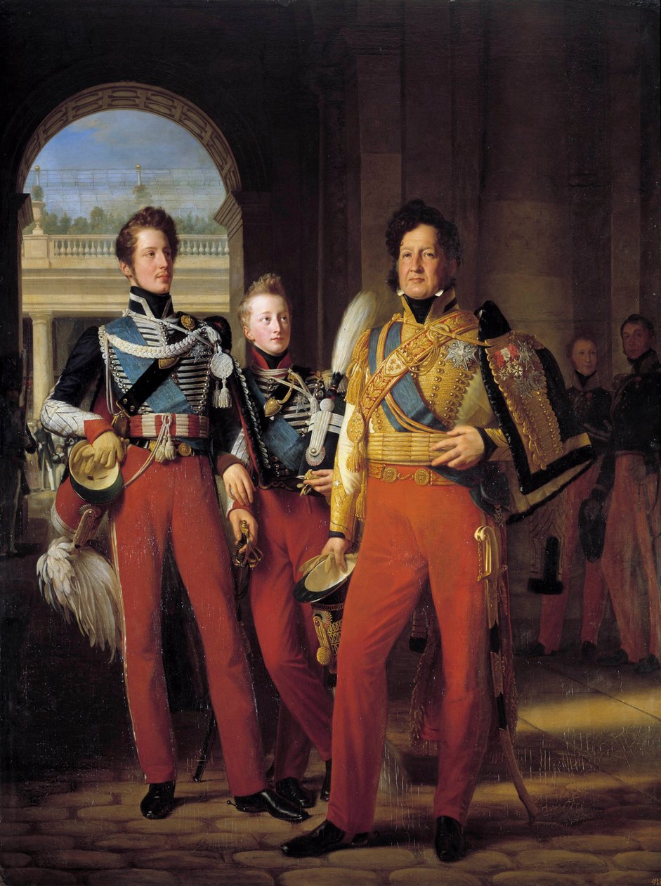 Retratos de pie de Luis Felipe I, duque de Orleans en uniforme de coronel general de los húsares, y de sus hijos: el duque de Chartres y el duque de Nemours de Baron François Pascal Simon Gérard