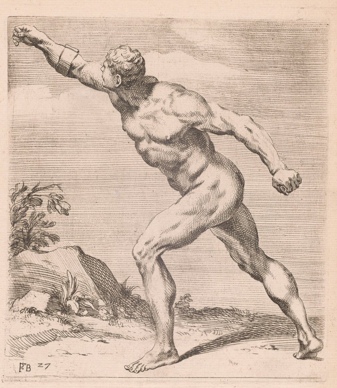 Un hombre desnudo luchando, vista lateral, girado a la izquierda [lámina 27] de Francois Perrier