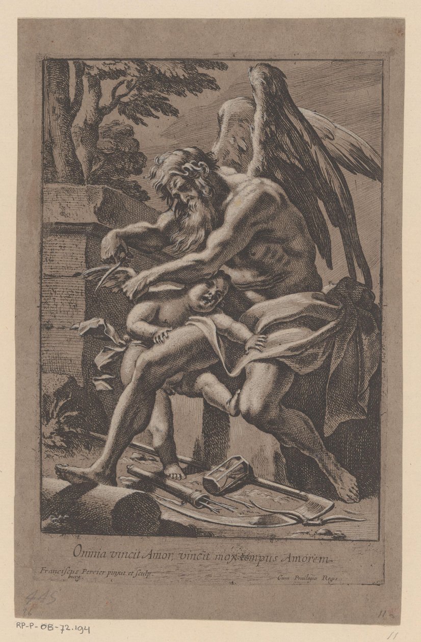Tijd knipt de vleugels van Amor El amor lo conquista todo, el amor pronto conquista el tiempo (título sobre el objeto) de Francois Perrier