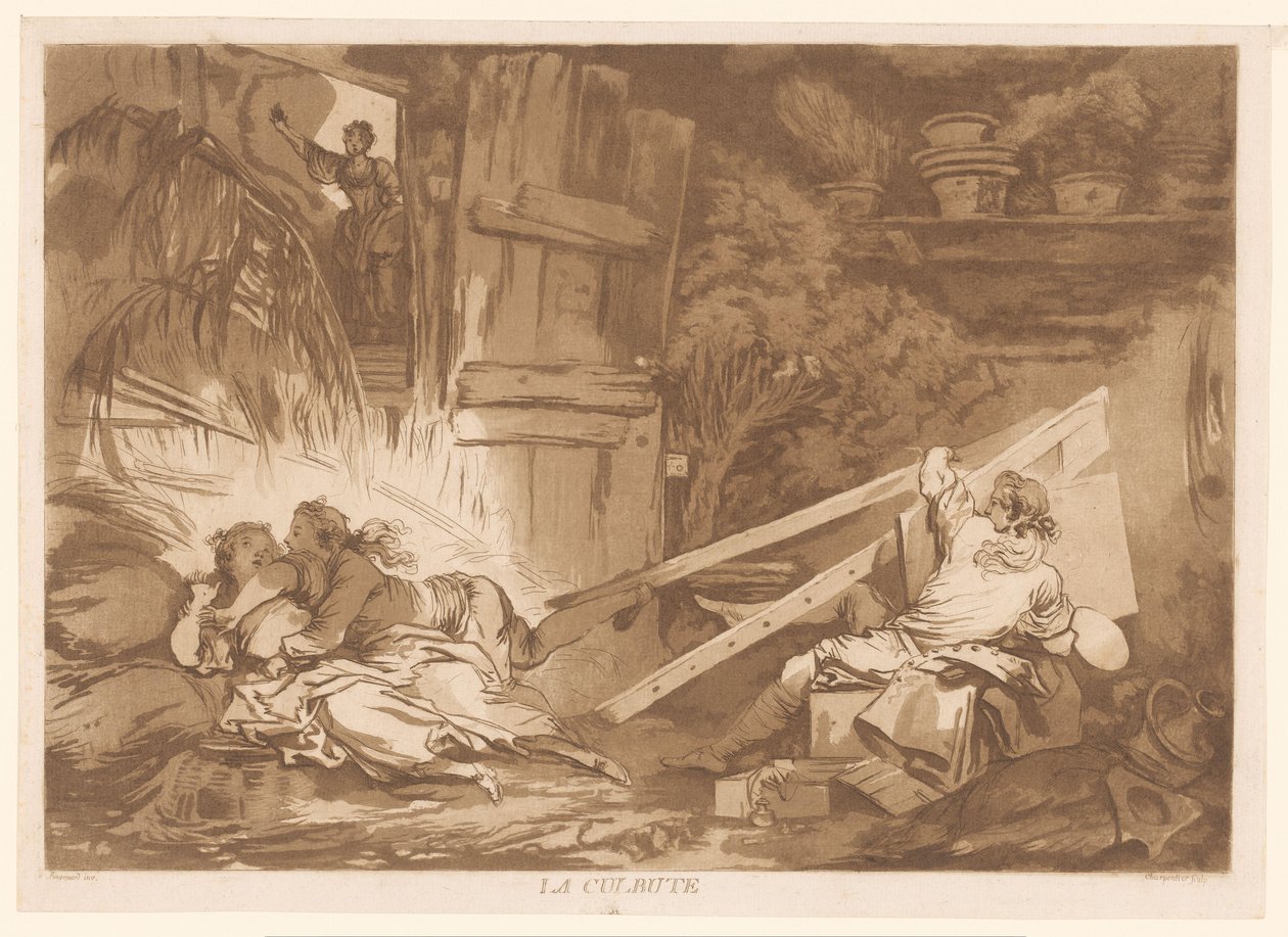 Un joven que tropieza se cae sobre una mujer que está siendo pintada
La Culbute (título en el objeto) de Francois Philippe Charpentier