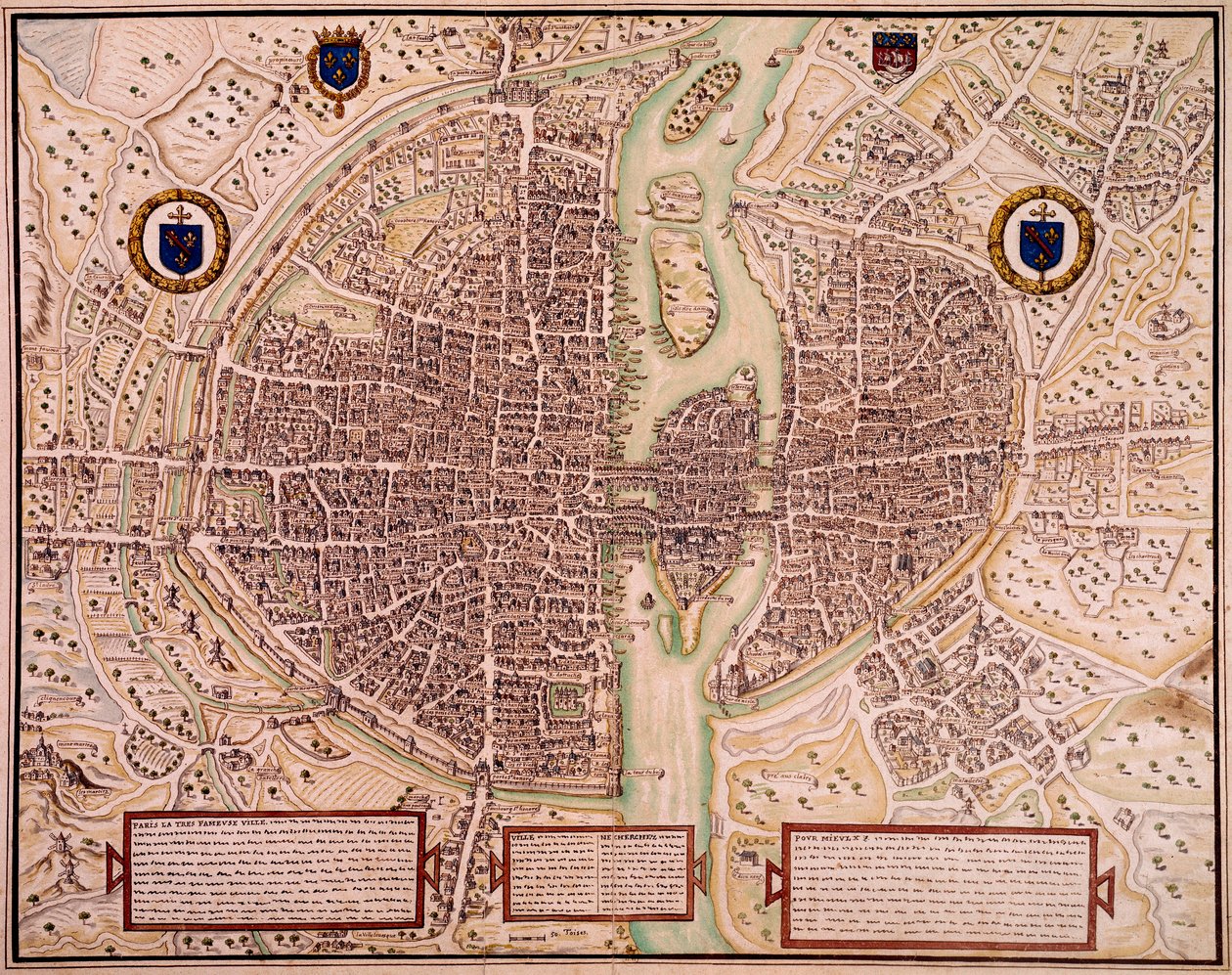 Mapa de la ciudad de París en 1540-1555 llamado del tapiz. Grabado de Francois Roger de Gaignieres de Francois Roger de Gaignieres
