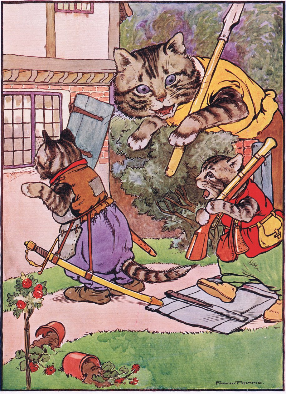 Una gata con sus gatitos se acerca a la casa, ilustración de 
