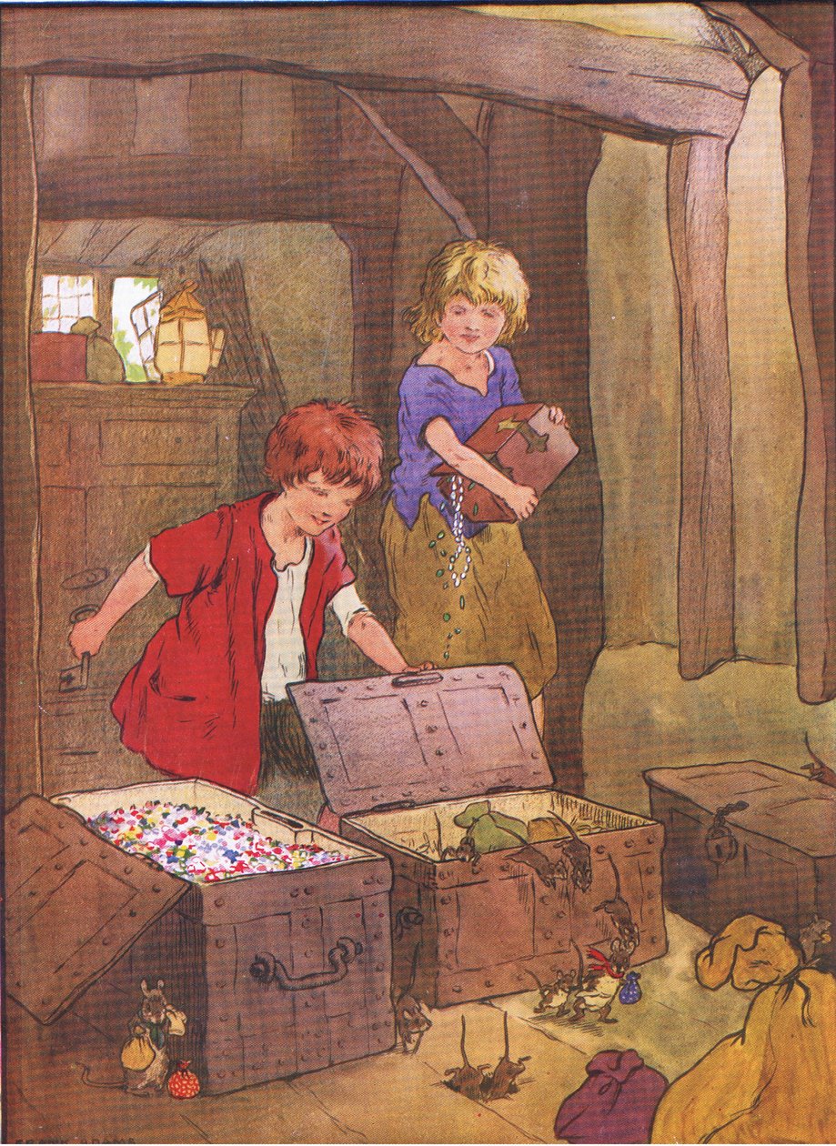 Al abrir los cofres, los encontraron llenos de maravillosas gemas, joyas y diamantes, de Hansel y Gretel publicado por Blackie & Son Limited, c.1940 de Frank Adams