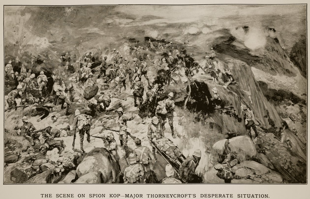 La Escena en Spion Kop: La Situación Desesperada del Mayor Thorneycroft, de un boceto de un Oficial Británico de Frank Craig