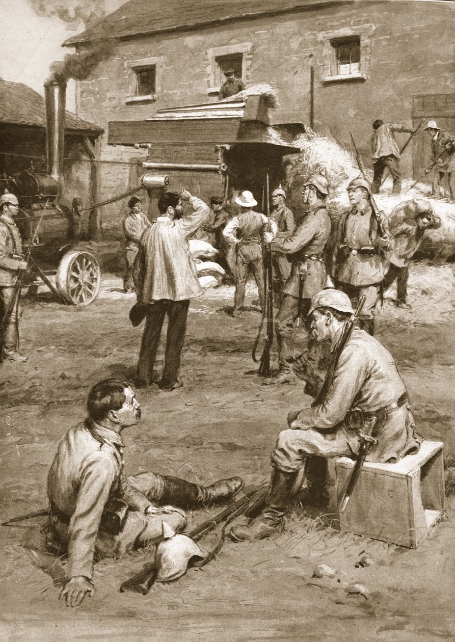 Alemanes obligando a un agricultor francés a trillar su maíz para su beneficio de Frank Dadd