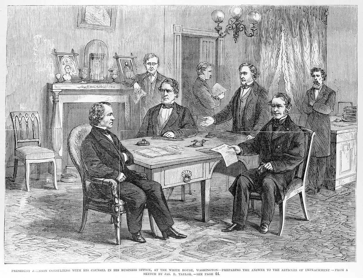 El presidente Johnson (1808-75) consultando con su abogado, de 