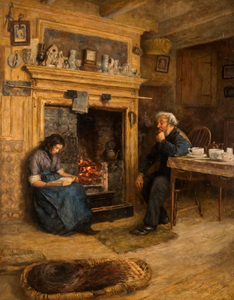 Interior, Mujer Leyendo a un Hombre Mayor, 1889 de Frank Stanley Ogilvie