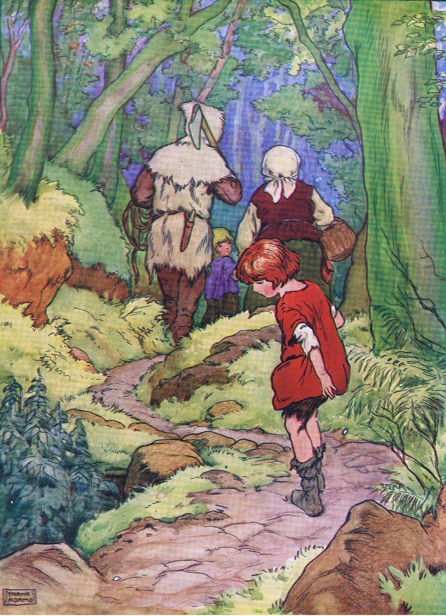 Hansel se detuvo y cada vez dejaba caer un guijarro blanco, de Hansel y Gretel publicado por Blackie & Son Limited, c.1940 de Frank Adams