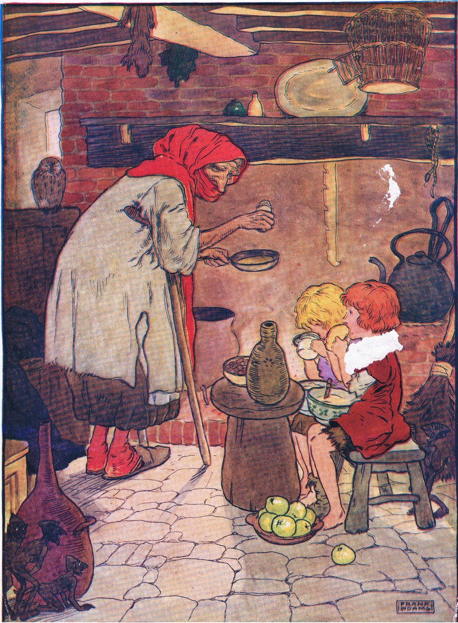 Ella los llevó adentro y les dio una hermosa cena, de Hansel y Gretel publicado por Blackie & Son Limited, c.1940 de Frank Adams
