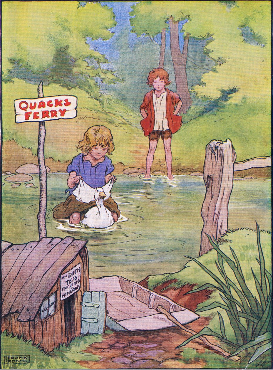 El pato los llevó uno a uno en su espalda, de Hansel y Gretel publicado por Blackie & Son Limited, c.1940 de Frank Adams