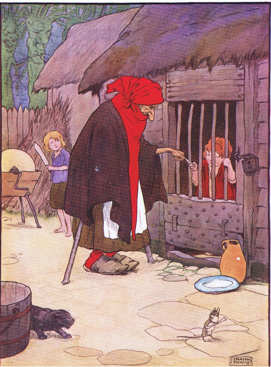 La anciana encerró a Hansel en un establo, de Hansel y Gretel publicado por Blackie & Son Limited, c.1940 de Frank Adams