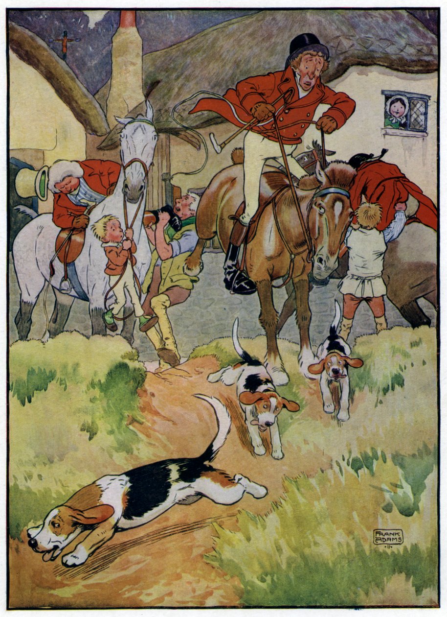 Tres alegres cazadores (litografía en color) de Frank Adams