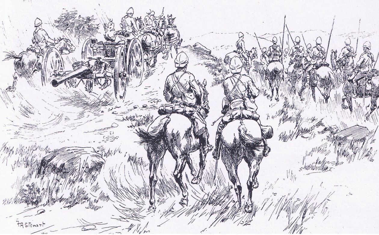 La caballería y artillería de Buller avanzando en Bergendal, ilustración de Después de Pretoria: La Guerra de Guerrillas, 1902 de Frank Algenon Stewart