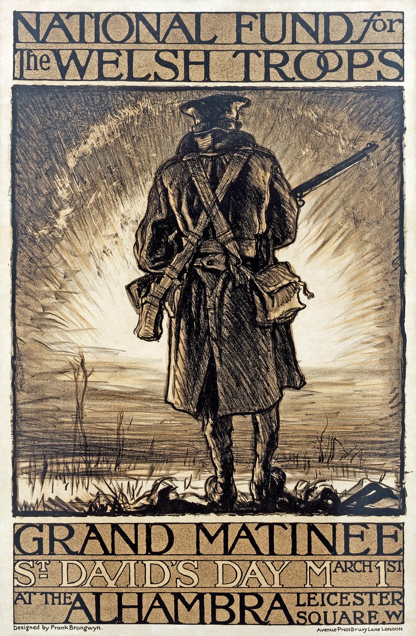 Póster publicitario de un evento de recaudación de fondos para el Fondo Nacional para las Tropas Galesas, 1 de marzo, 1915 de Frank Brangwyn