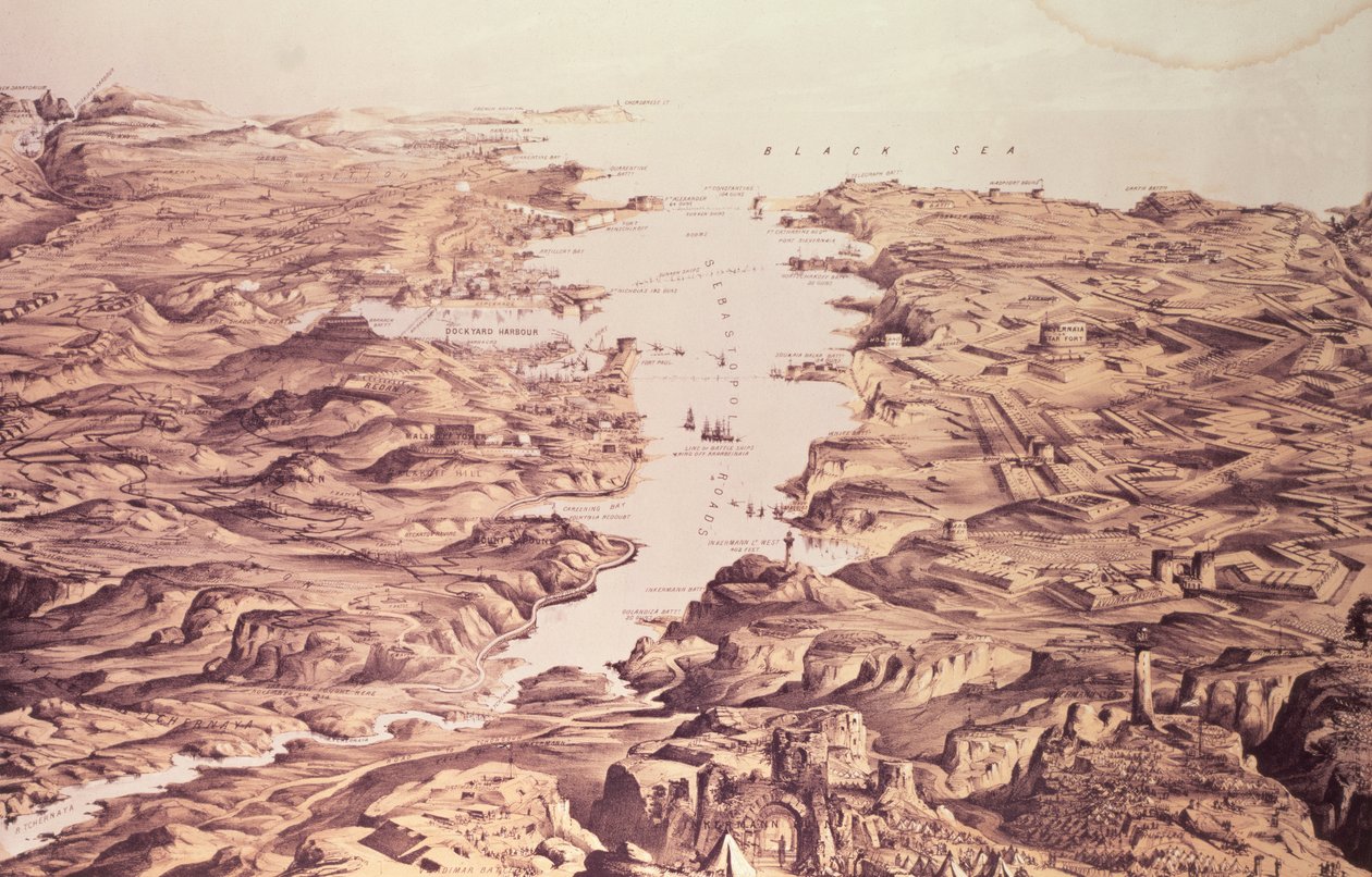 Vista panorámica de los lados norte y sur del puerto y puerto de Sebastopol, diseñado y litografiado por Thomas Packer, publicado por Stannard y Dixon, 1855 de Frank C. Hughes