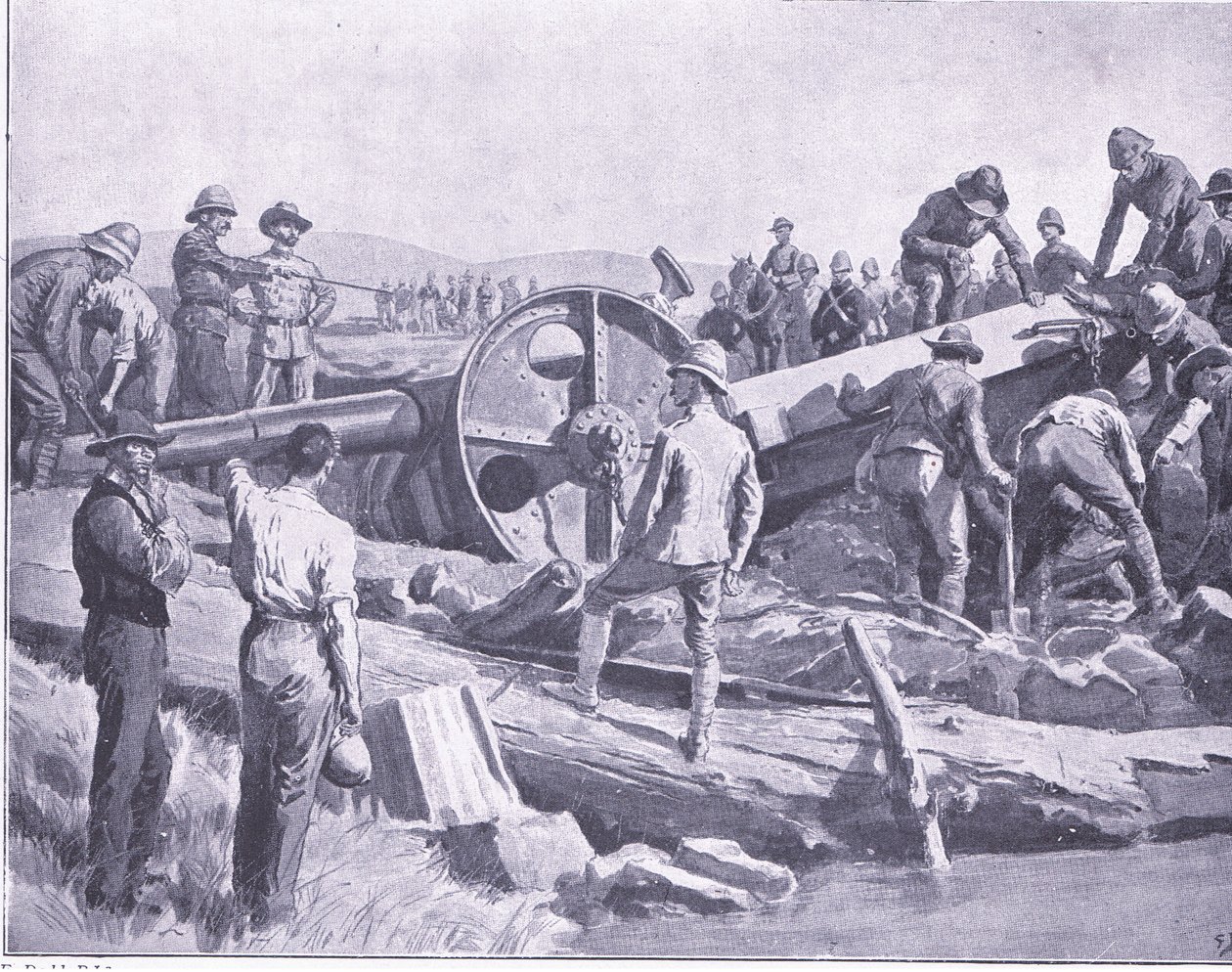 Pasando un cañón por un lugar difícil, ilustración de Después de Pretoria: La Guerra de Guerrillas, 1902 de Frank Dadd