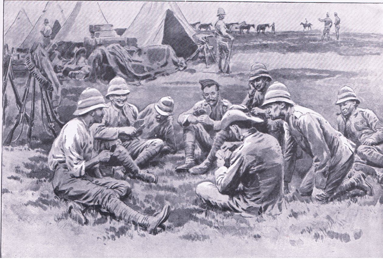 Soldados cansados disfrutando de un descanso, de Después de Pretoria: La Guerra de Guerrillas publicado por Harmsworth Bros Limited, 1901 de Frank Dadd