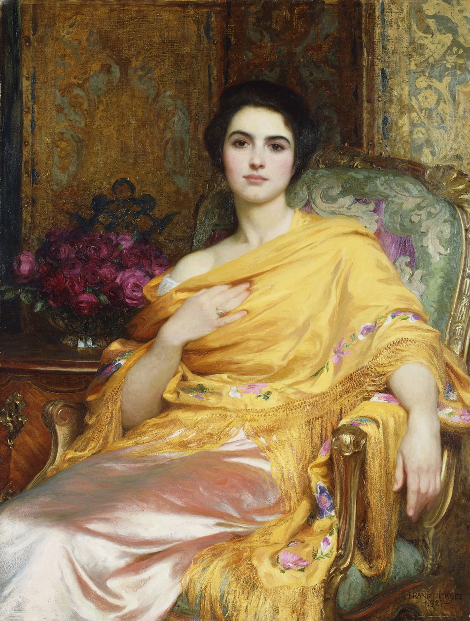 Retrato de Elsa, hija de William Hall, tres cuartos de longitud, sentada con un vestido rosa y un chal amarillo, 1927 de Frank Dicksee