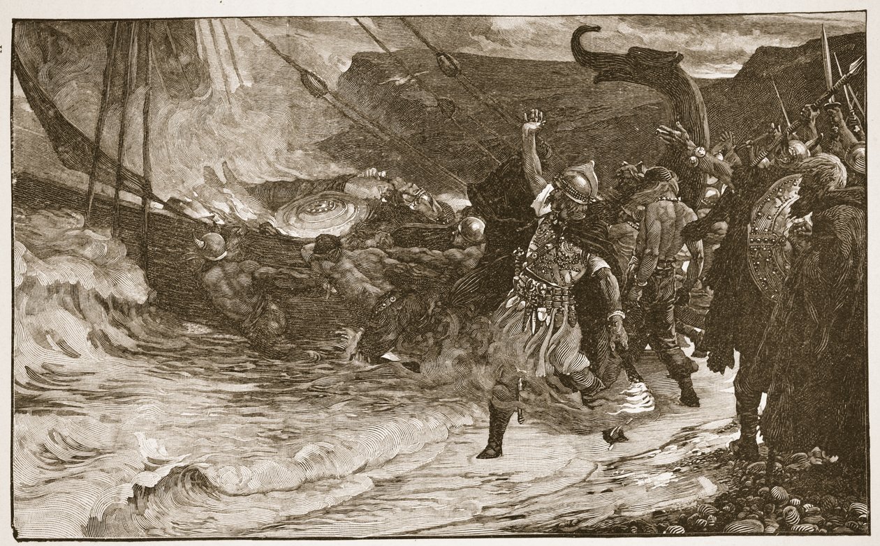El funeral de un vikingo, ilustración de 