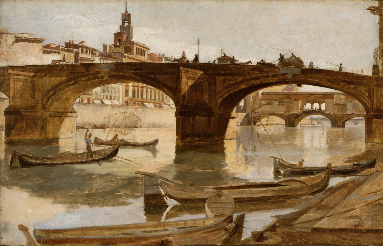Los puentes: Florencia, c.1880 (óleo sobre lienzo montado en cartón laminado) de Frank Duveneck