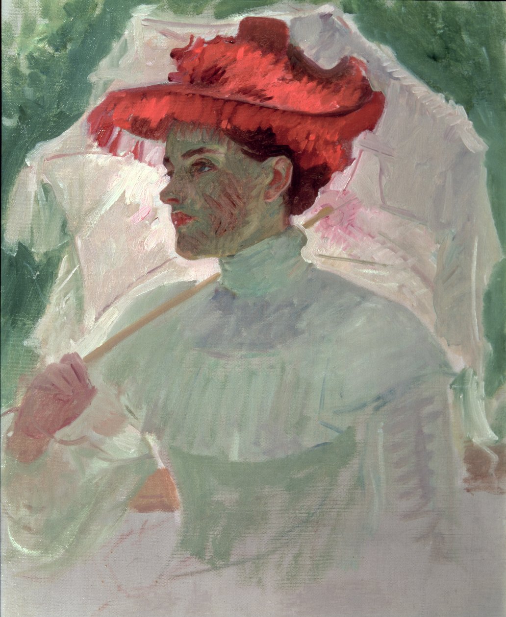 Mujer con sombrero rojo y parasol de Frank Duveneck