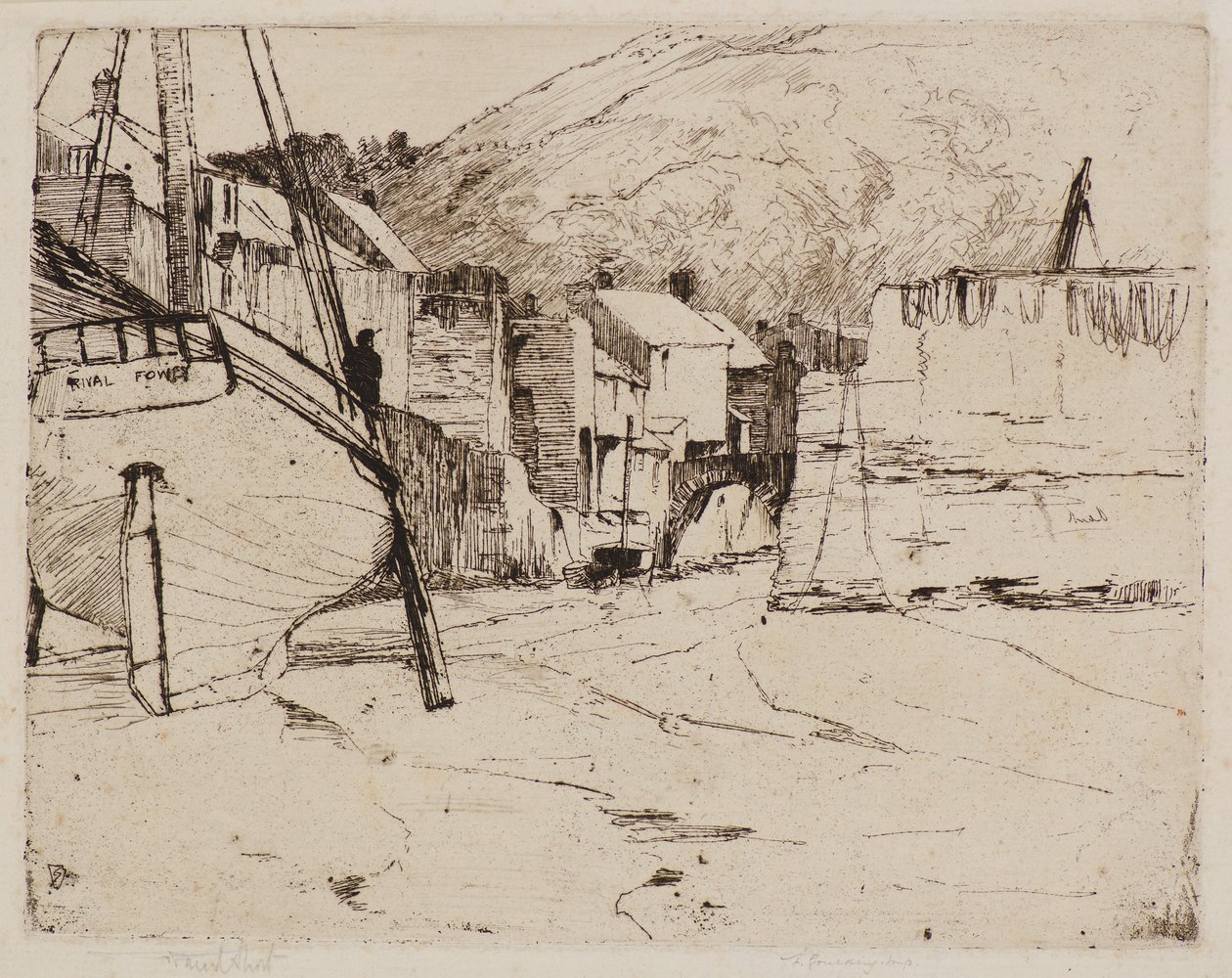 Puerto de Polperro con puente (grabado) de Frank and Goulding Frederick Short