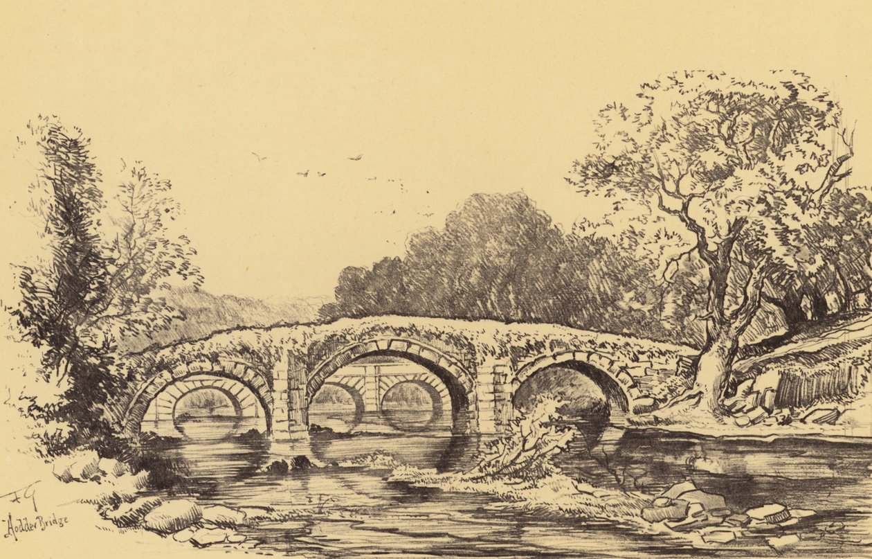 Puente de Cromwell sobre el Hodder (litografía) de Frank Greenwood