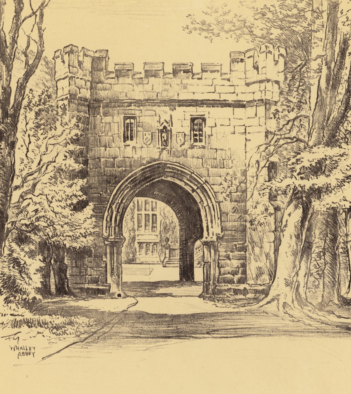 Abadía de Whalley, La Puerta del Noreste (litografía) de Frank Greenwood