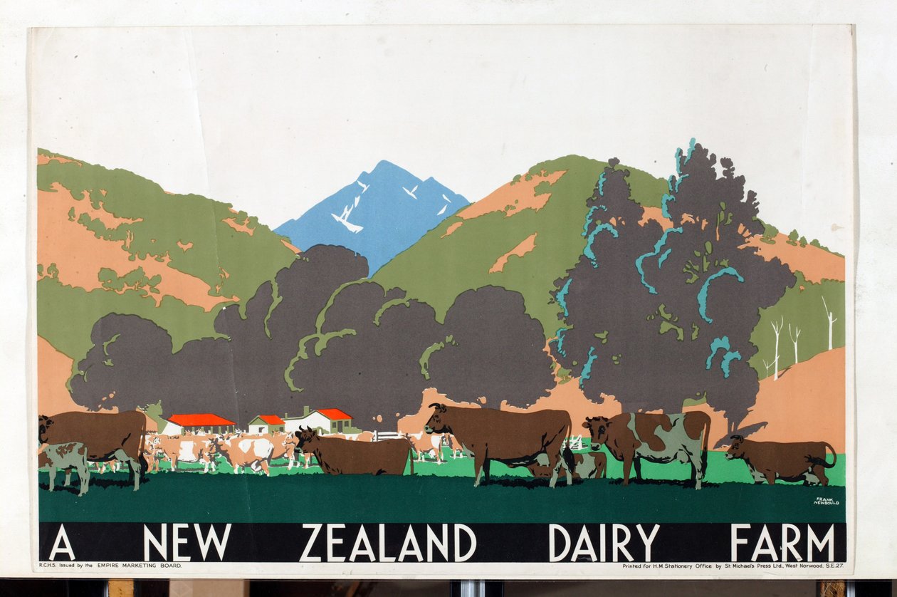 Una granja lechera neozelandesa, de la serie "Buy New Zealand Produce" [6319386] (litografía en color) de Frank Newbould