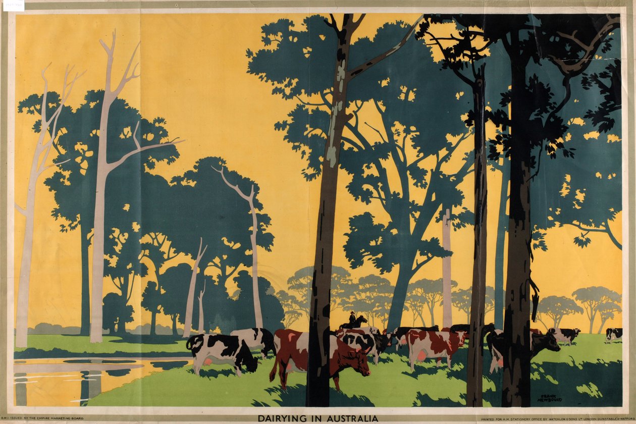 Dairying in Australia, de la serie "Empire Buying Makes Busy Factories" (litografía en color) de Frank Newbould