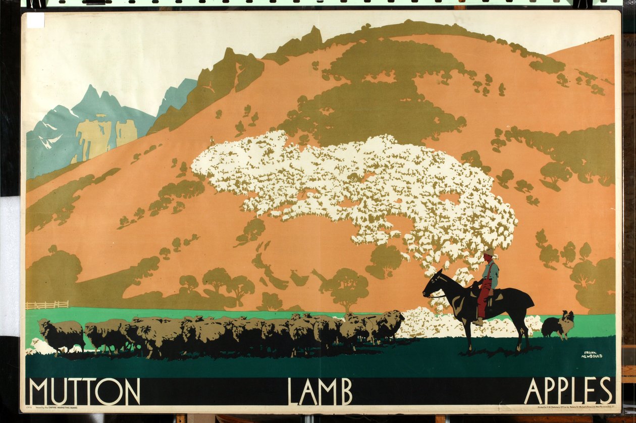 Mutton - Lamb - Apples, de la serie "Buy New Zealand Produce" [6319386] (litografía en color) de Frank Newbould