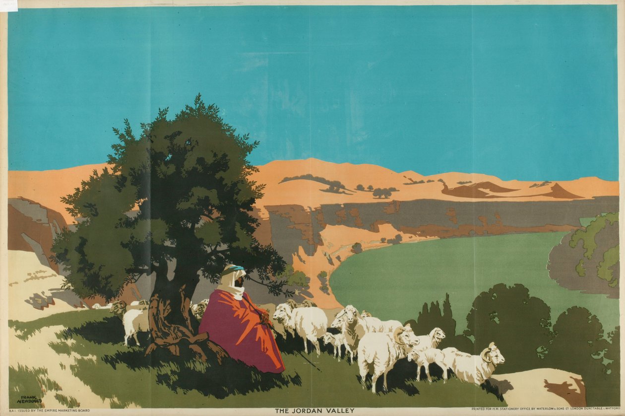 El valle del Jordán, de la serie "Comprar naranjas de Jaffa" (litografía en color) de Frank Newbould