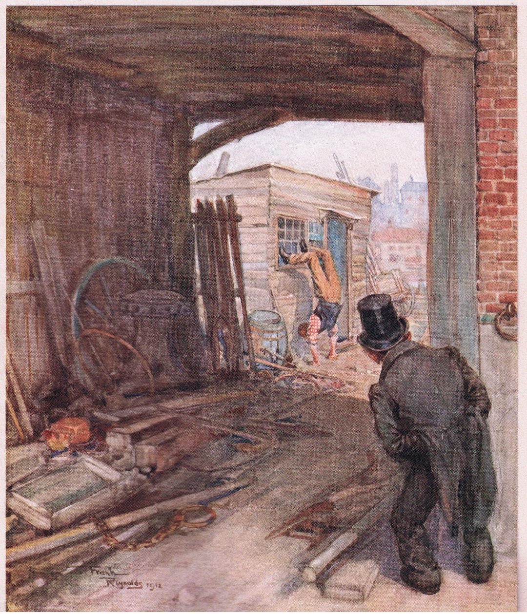 Al llegar a su destino, el primer objeto que se presentó a su vista fue un par de pies muy imperfectamente calzados en el aire, c.1920 (litografía en color) de Frank Reynolds
