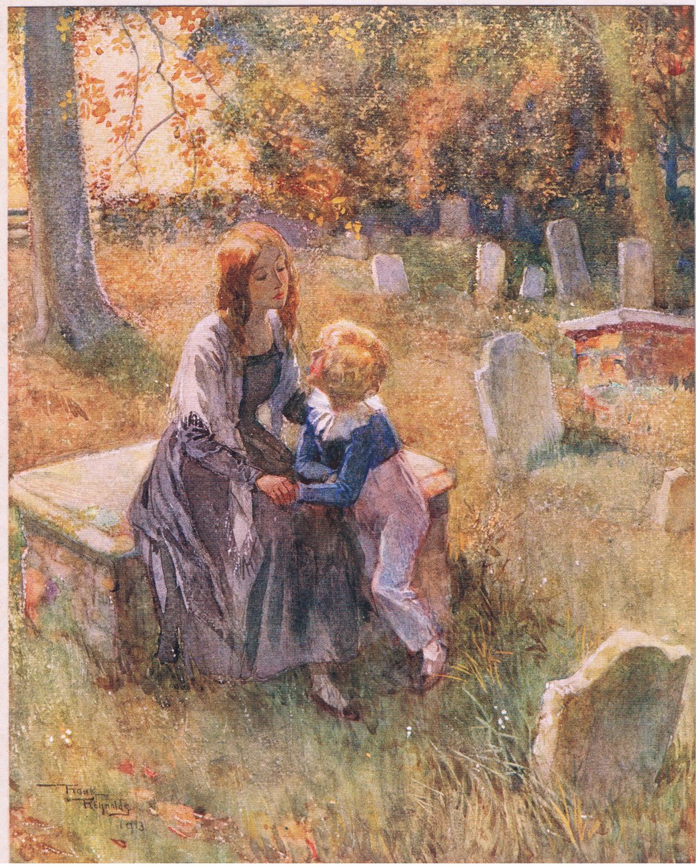"No nos dejes, Nell, aunque el cielo brille. No nos dejes", c.1920 (litografía en color) de Frank Reynolds