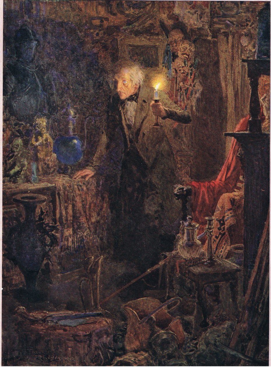 Era un ancianito de pelo largo y gris, cuyo rostro y figura, mientras sostenía la luz por encima de su cabeza y miraba ante sí, c.1920 (litografía en color). de Frank Reynolds