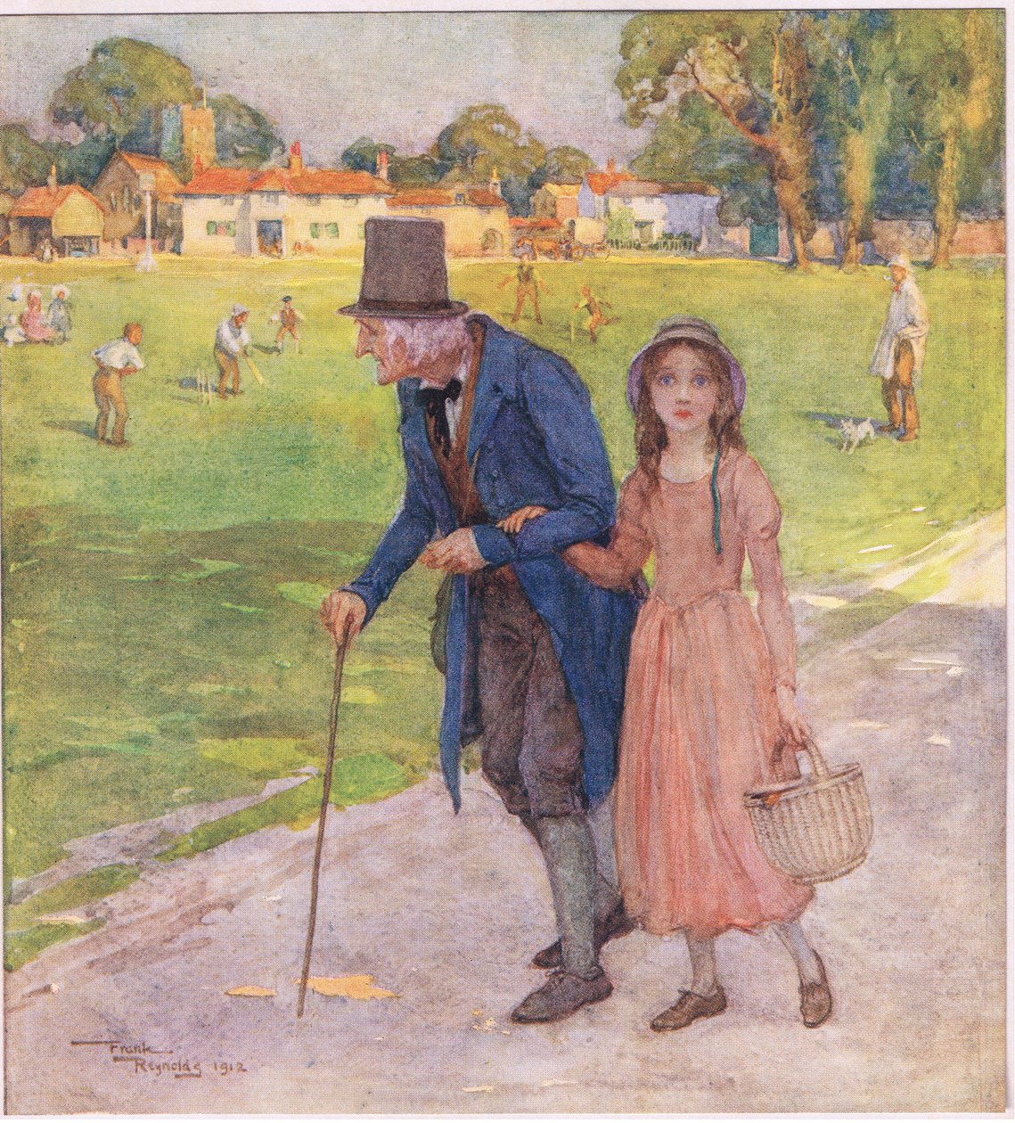 Era un lugar muy pequeño. Los hombres y los niños jugaban al críquet en el green, c.1920 (litografía en color) de Frank Reynolds