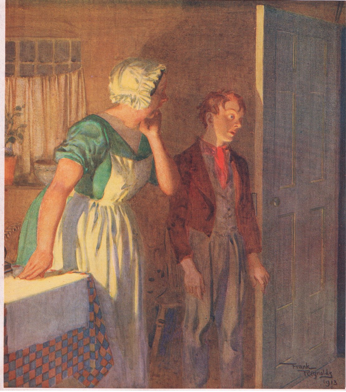La niña se apresuró hacia la puerta y desapareció tan rápido como había llegado, c.1920 (litografía en color). de Frank Reynolds