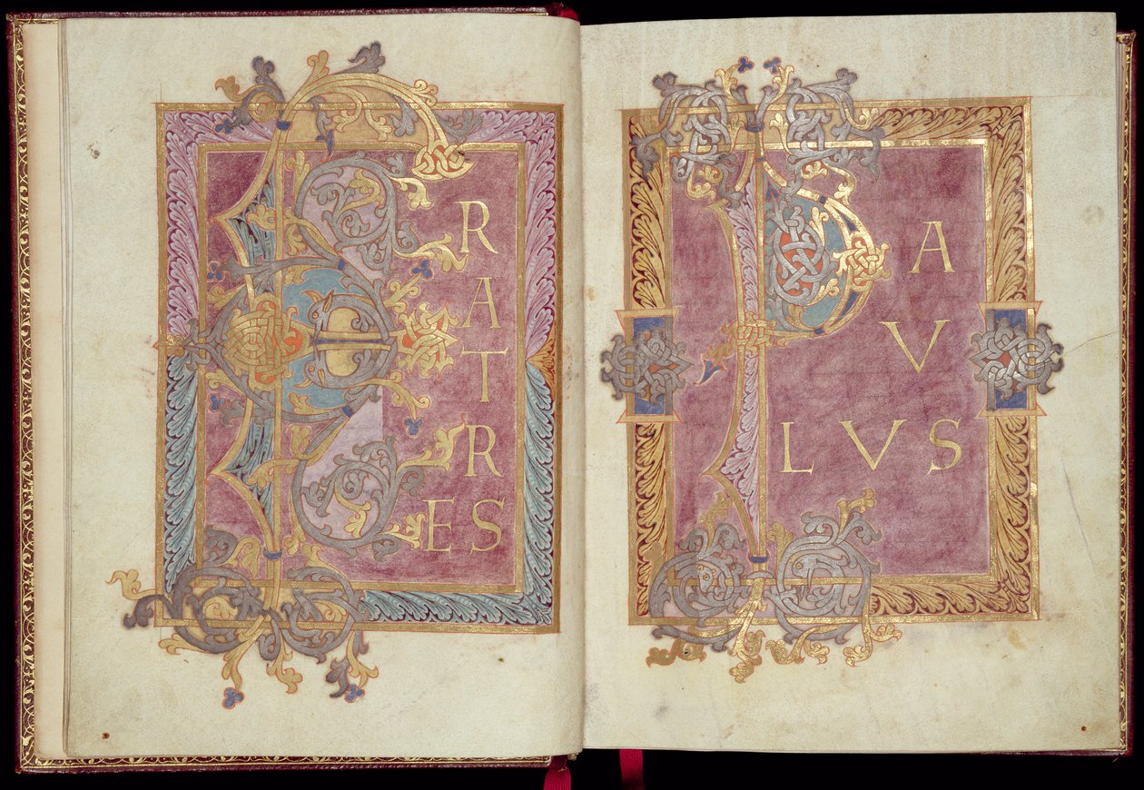 Ms McClean 30, ff.2v-3r: Páginas iniciales enmarcadas con hojas de acanto, del Epistolario de Reichenau, finales del siglo X de Frankish School