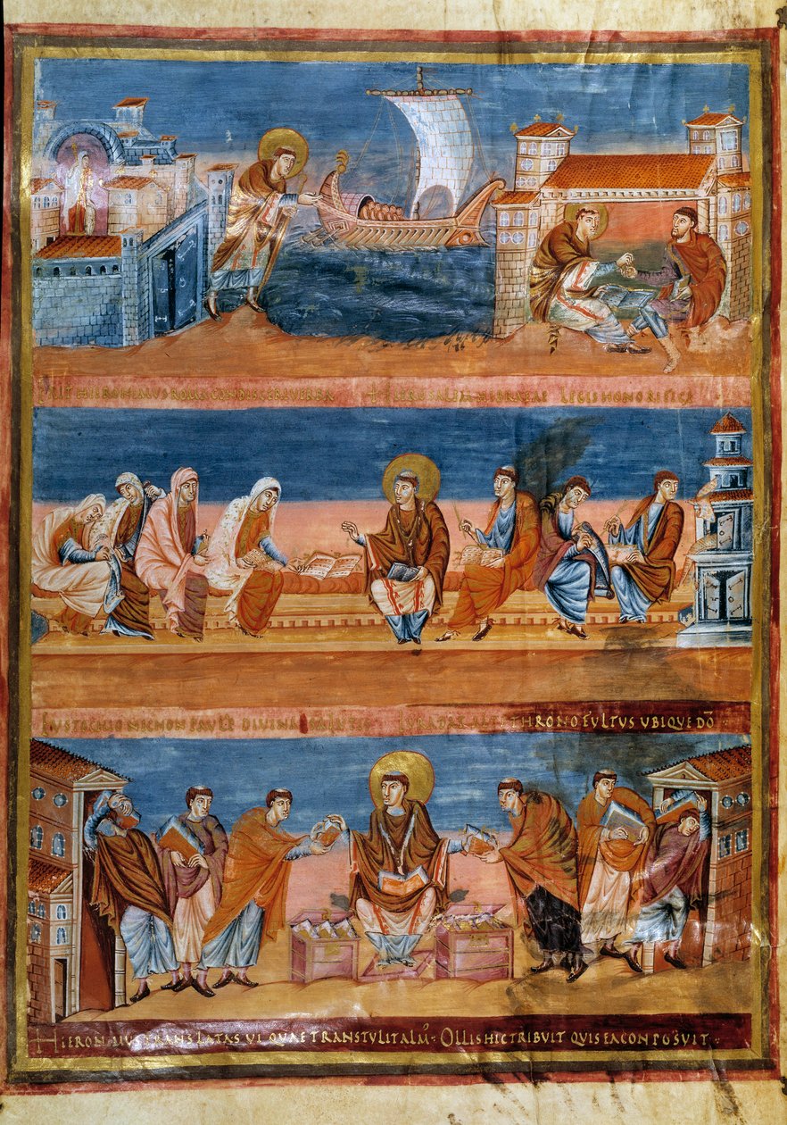 San Jerónimo dejando Roma y pagando a su maestro en Jerusalén (arriba), trabajando con sus escribas (centro) y distribuyendo la Vulgata (abajo). Miniatura en la "Primera Biblia de Carlos el Calvo, también conocida como la Biblia de Vivien" (Folio 3v), 845- de Frankish School