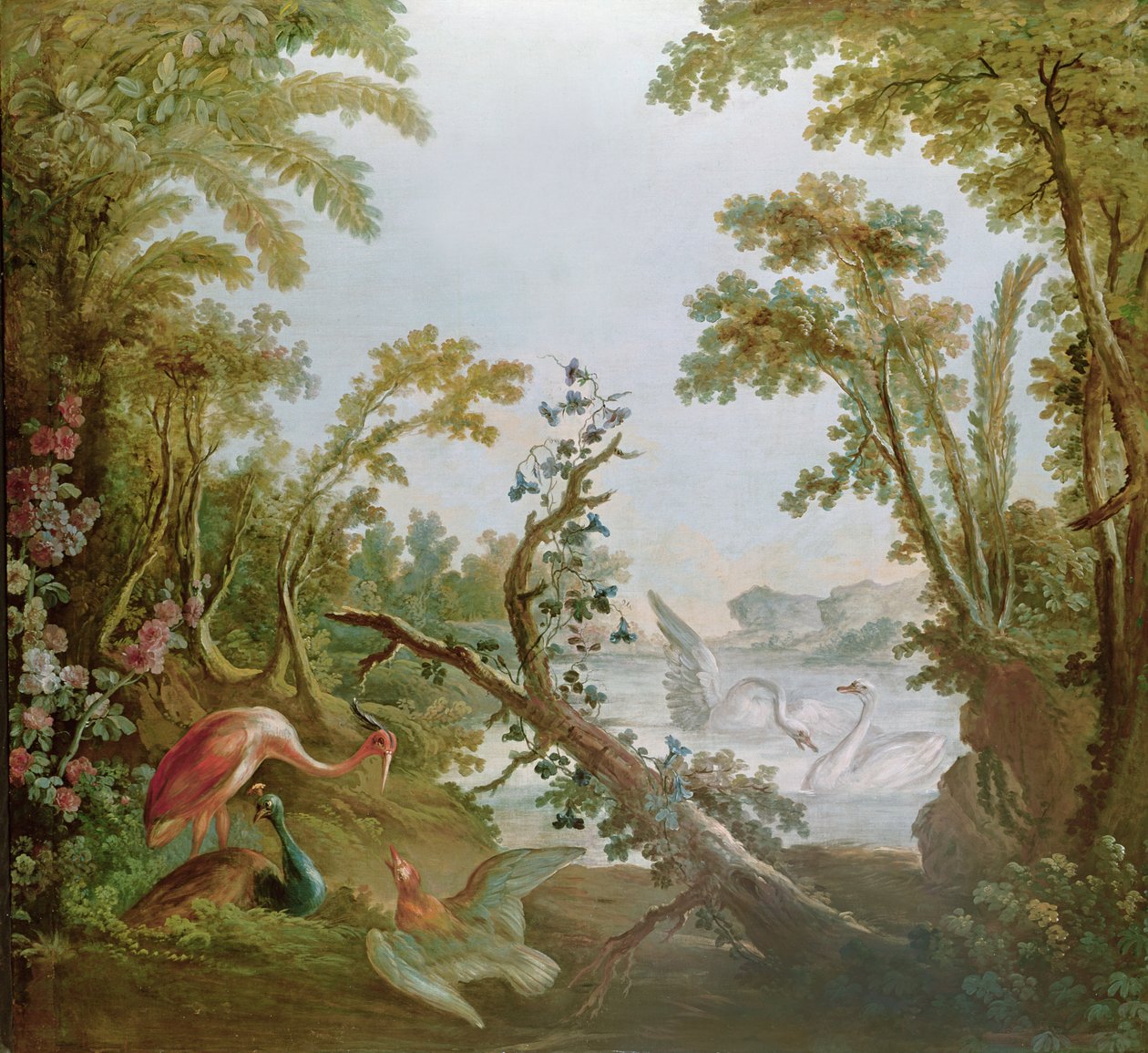 Lago con cisnes, un flamenco y varias aves, del salón de Gilles Demarteau, c.1750-65 de François Boucher